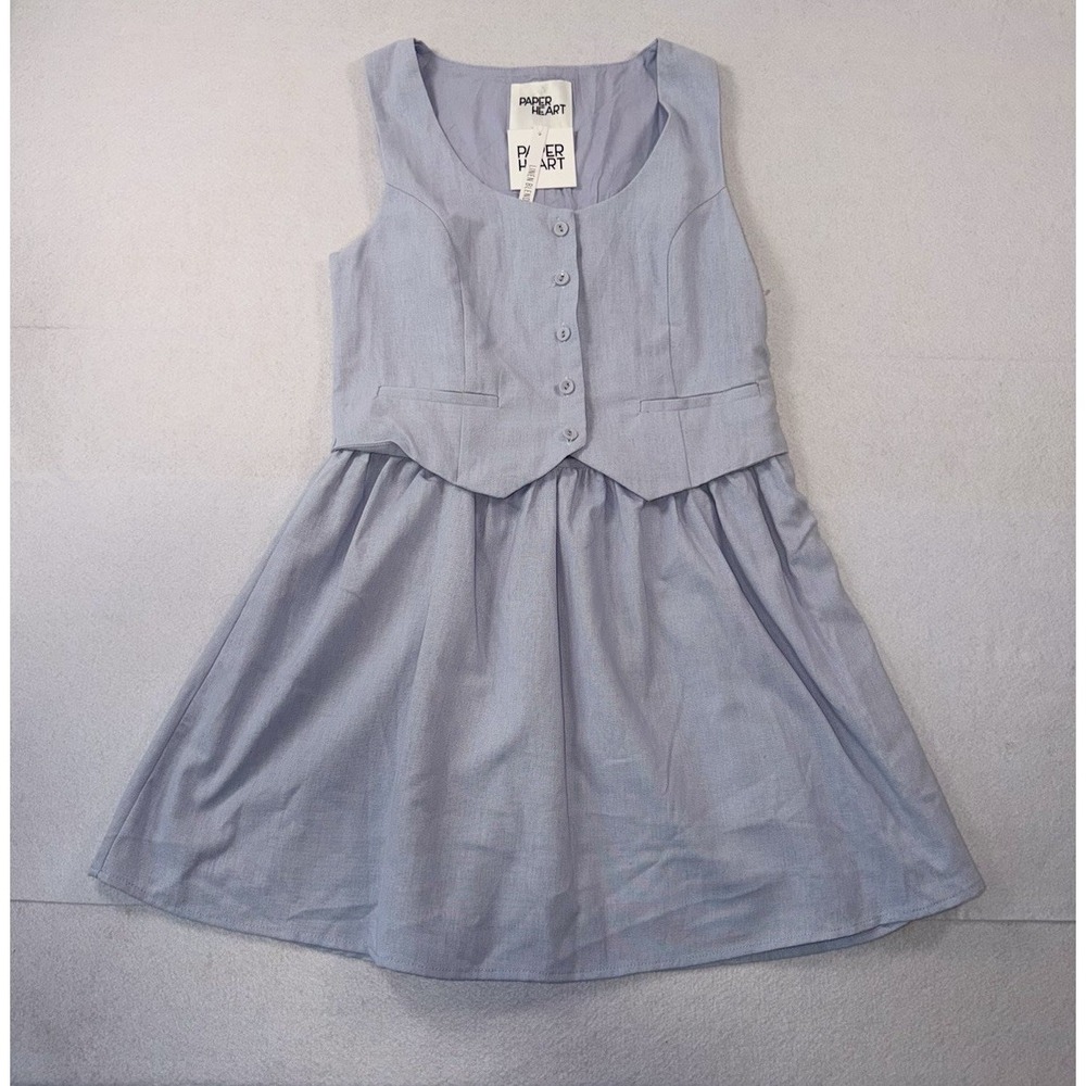 Paper Heart Dress Womens Small Linen Dress Button Front Sleeveless Vest Blue